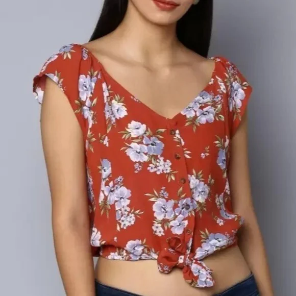 American Eagle Small Floral Tie-Front Crop Top Teen Tween Fall Summer School EUC - Picture 1 of 6